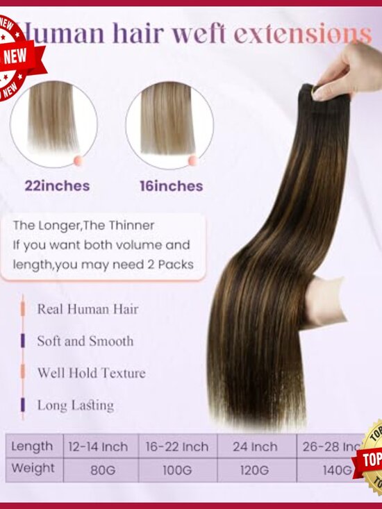 20 Inch Human Hair Sew In Weft Extensions 100g Balayage Ombre display picture 2
